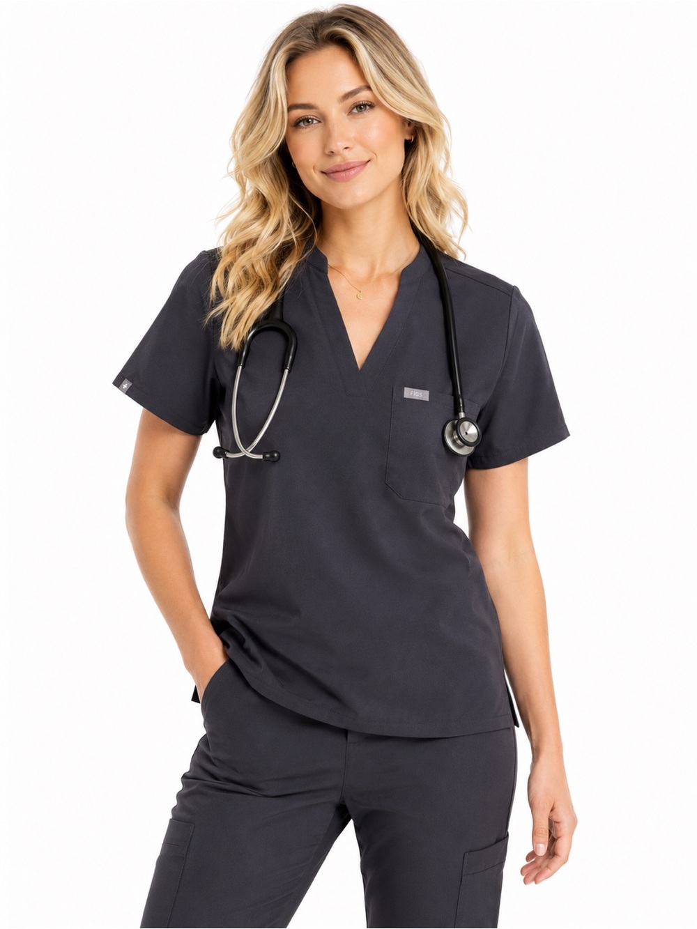 Figs Technical Collection Size Small Women's V-Neck Medical Scrub Top - Charcoal